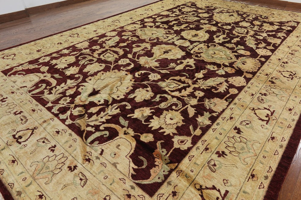 Palace Size Burgundy Peshawari Chobi Hand-Knotted Oushak Wool Rug, 12'x18'