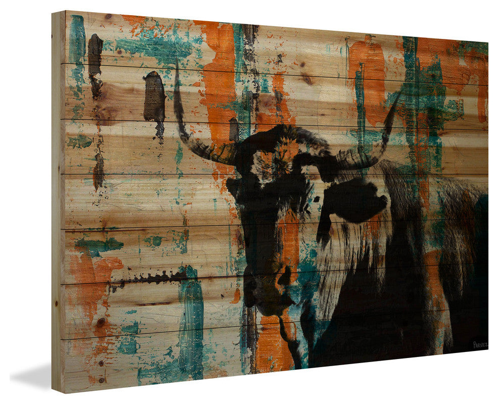 "Orange Teal Steer" Painting Print on Natural Pine Wood, 36"x24"