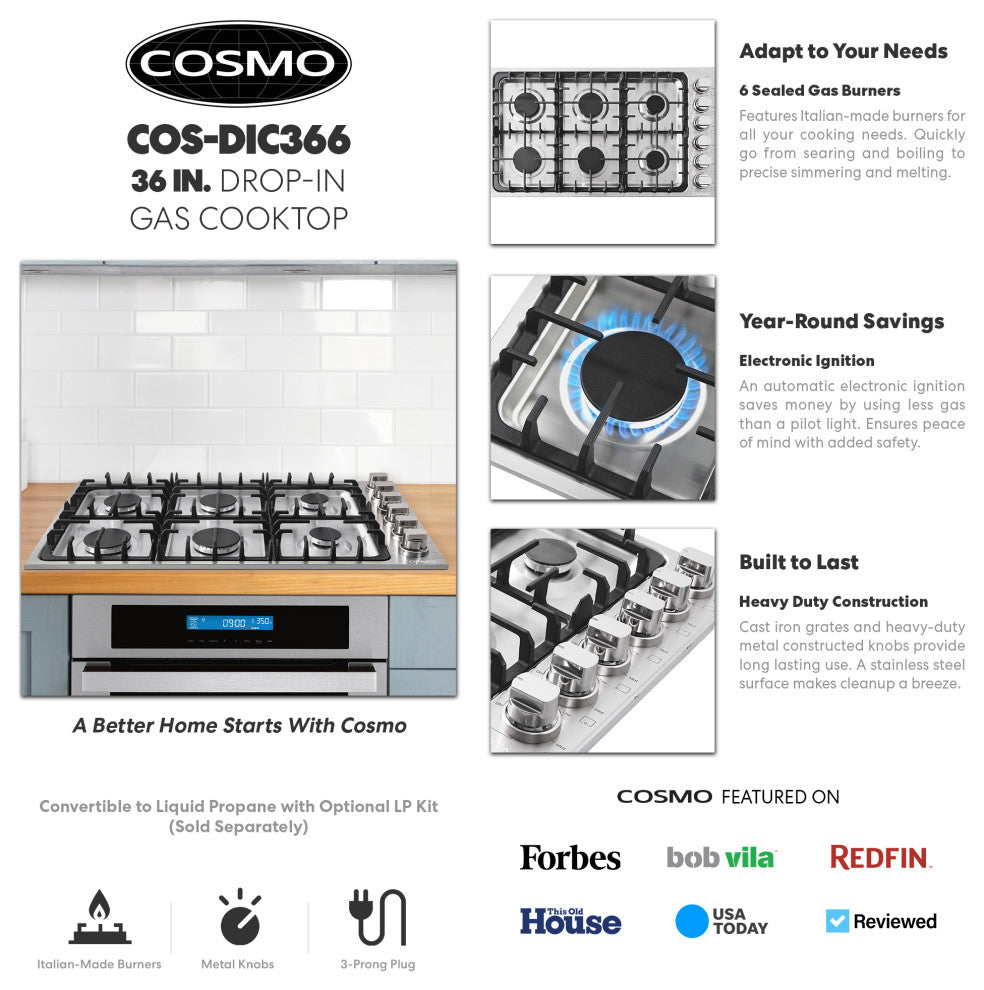 36" Luxury Gas Cooktop in Stainless Steel With 6 Italian Burners Easy Clean