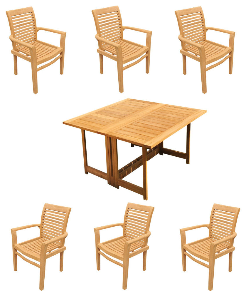 7-Piece Outdoor Teak Set: 60" Square Butterfly Table, 6 Mas Stacking Arm Chairs