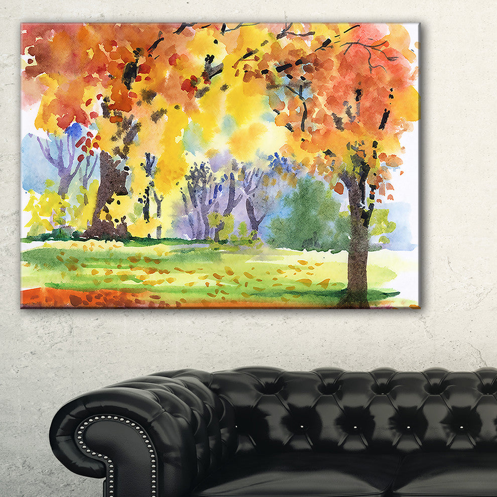 "Autumn Park Yellow Trees Watercolor" Landscape Wall Wall Art, 32"x16"