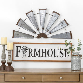 32"L Galvanized Farmhouse Half Wind Spinner Wall Decor, Natural