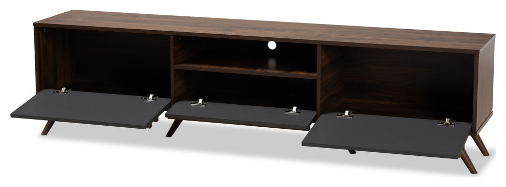 Colwyn Two-Tone Gray and Walnut Wood TV Stand With Drop-Down Compartments