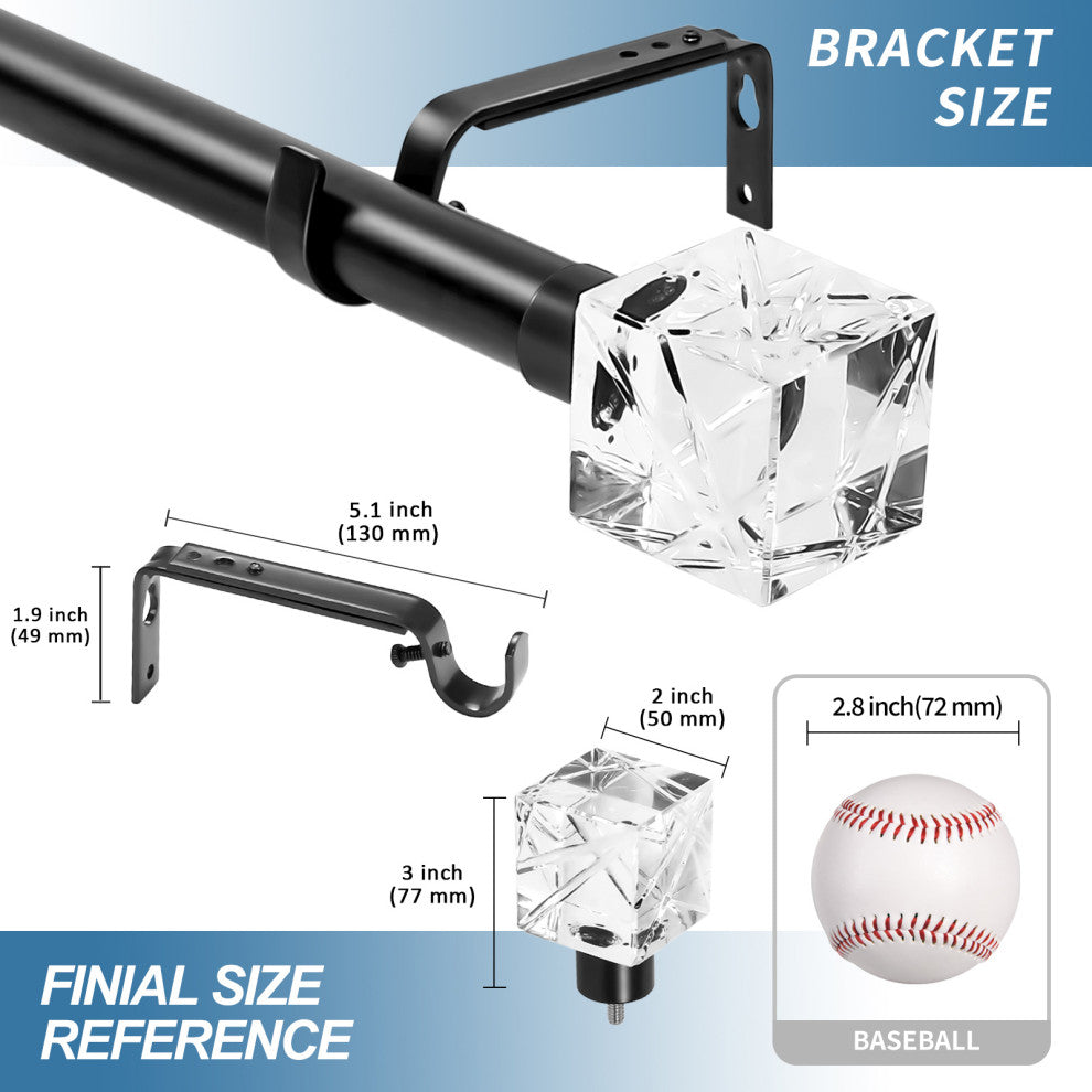1" Diameter Cut Ice Single Drapery Curtain Rod, Black, 28"-48"