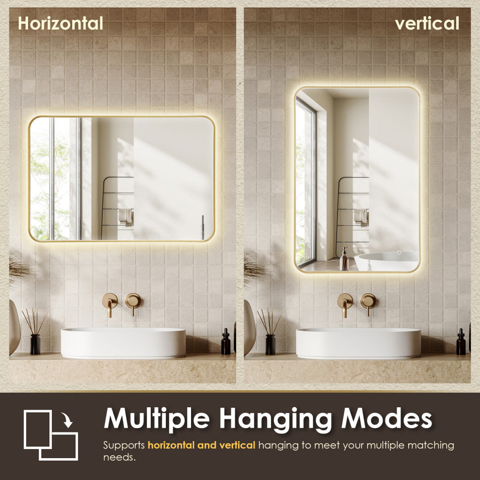 Dazzle Rectangular Bathroom/Vanity LED Lighted Wall Mirror, Brushed Gold, 24"
