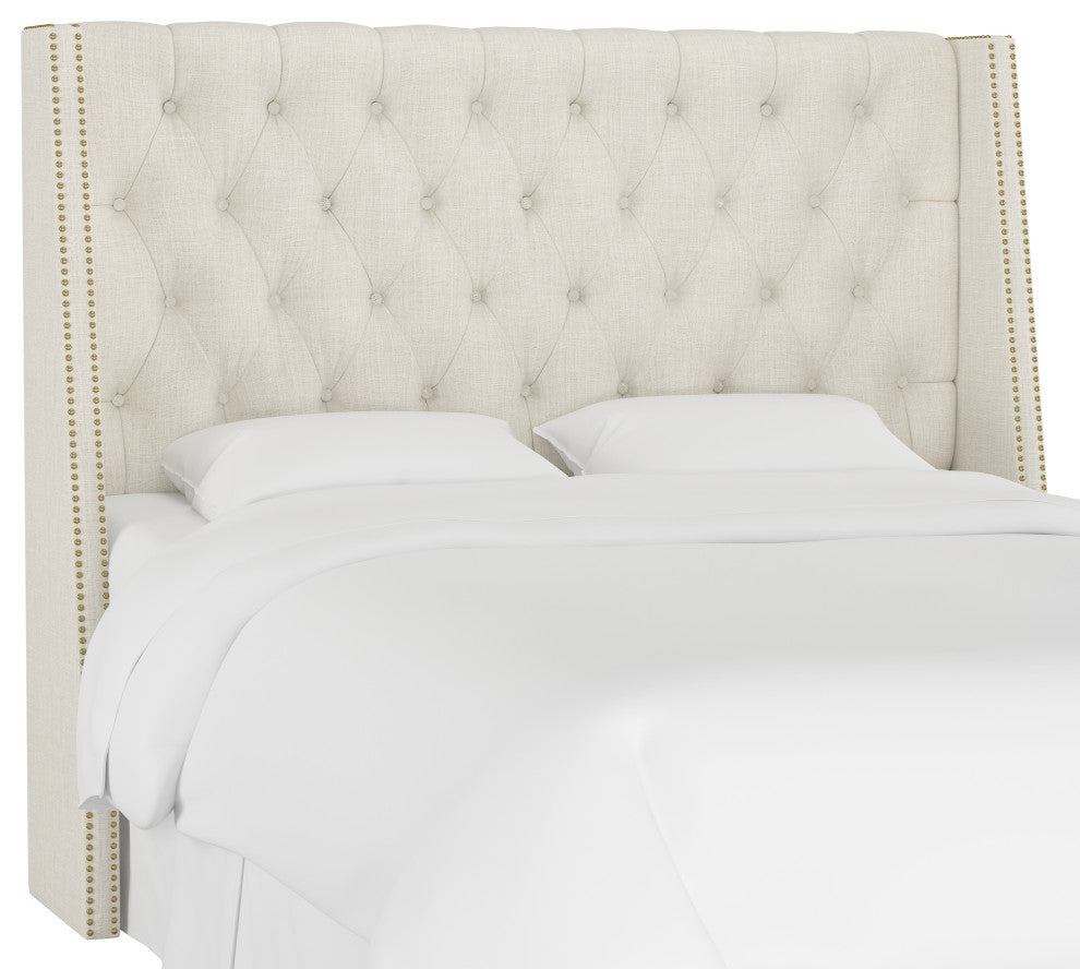 Williams Full Nail Button Wingback Headboard, Linen Talc
