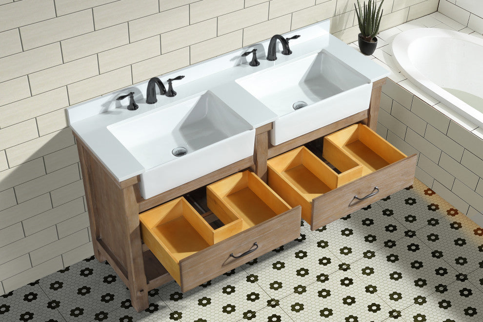 Marina 60" Bathroom Vanity, Weathered Finish, White Engineered Stone