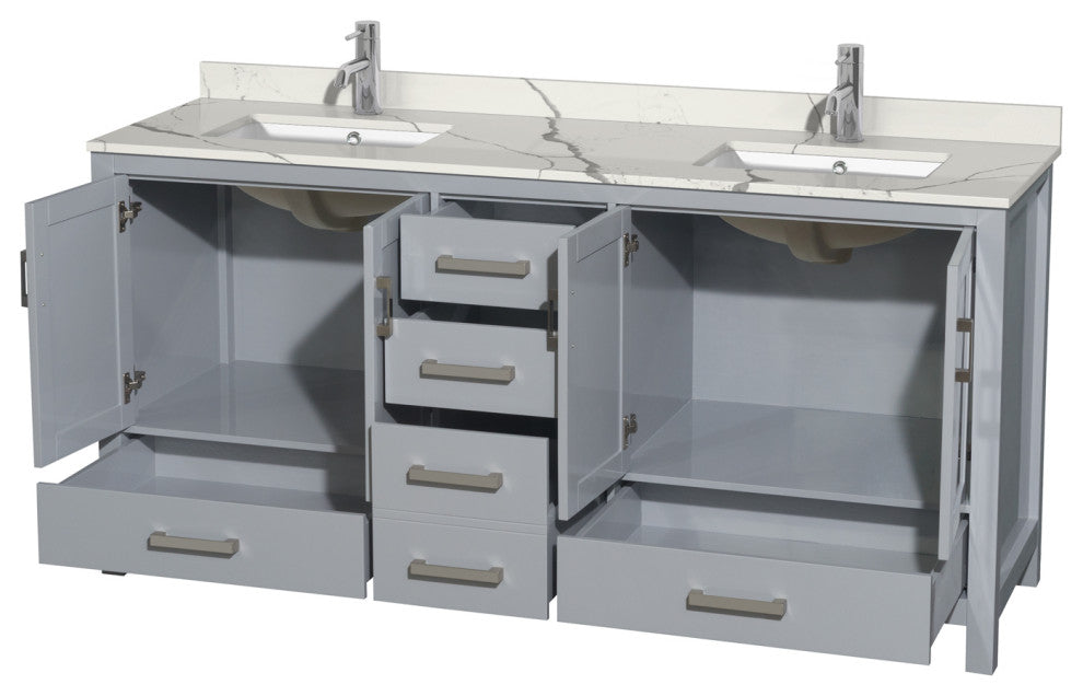 Sheffield 72" Gray Double Vanity, Calacatta Quartz Top, Square Sinks, No Mirror
