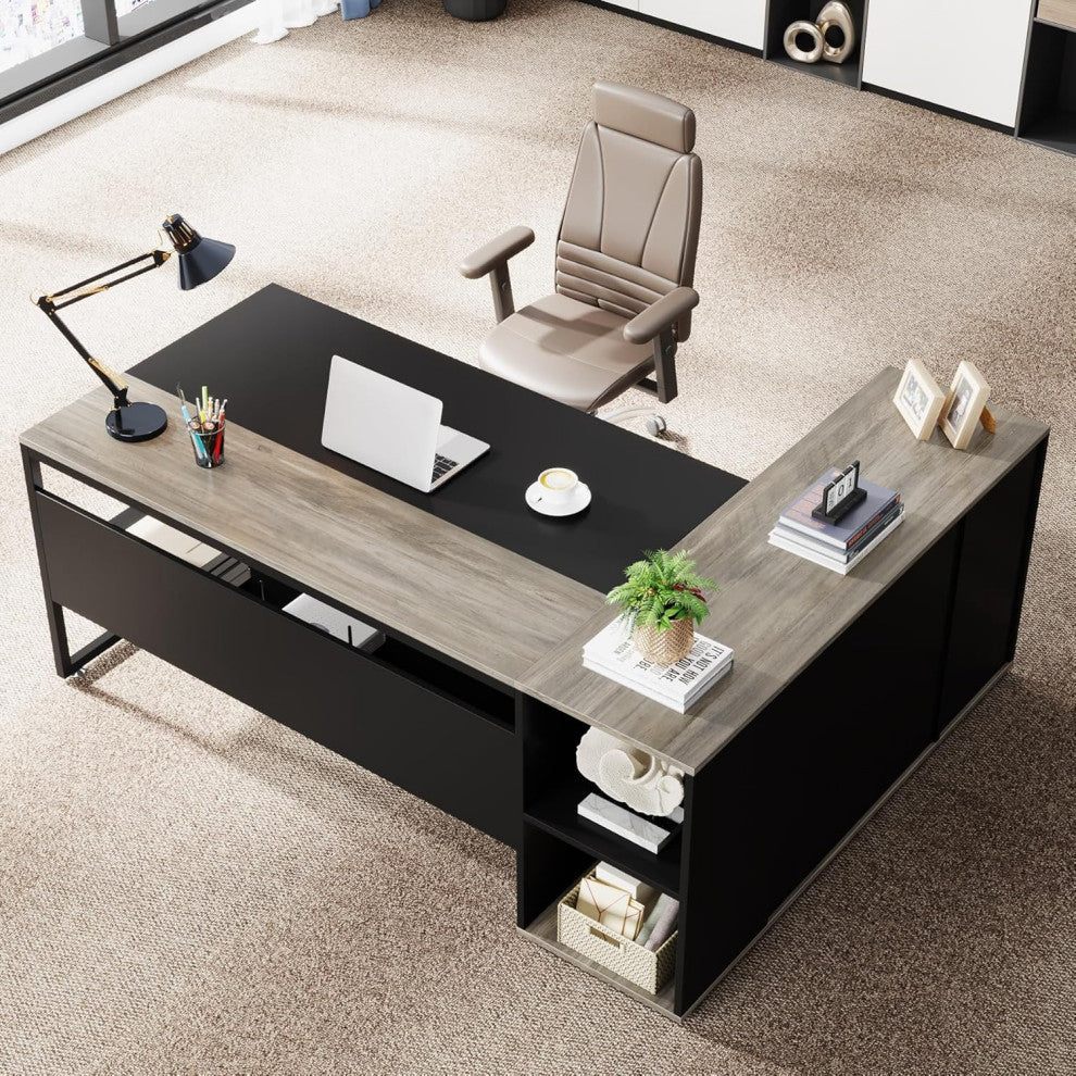 Tribesigns Executive Desk, L Shaped Desk with Cabinet Storage