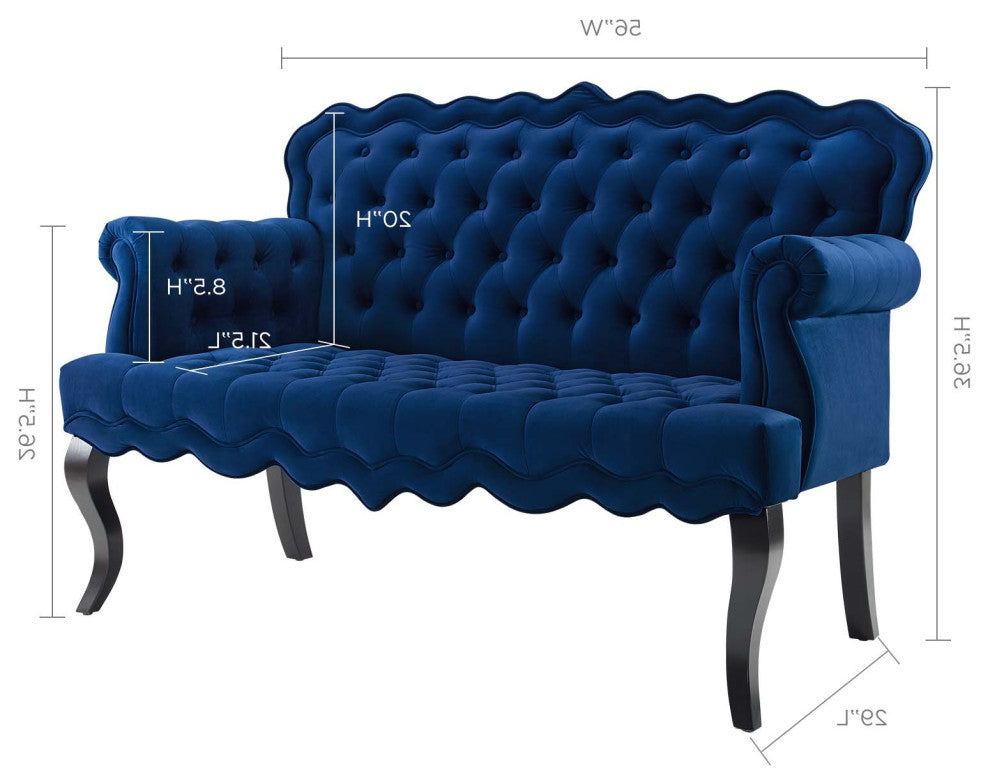 Modern Designer Lounge Loveseat Settee Sofa, Velvet Fabric, Navy Blue