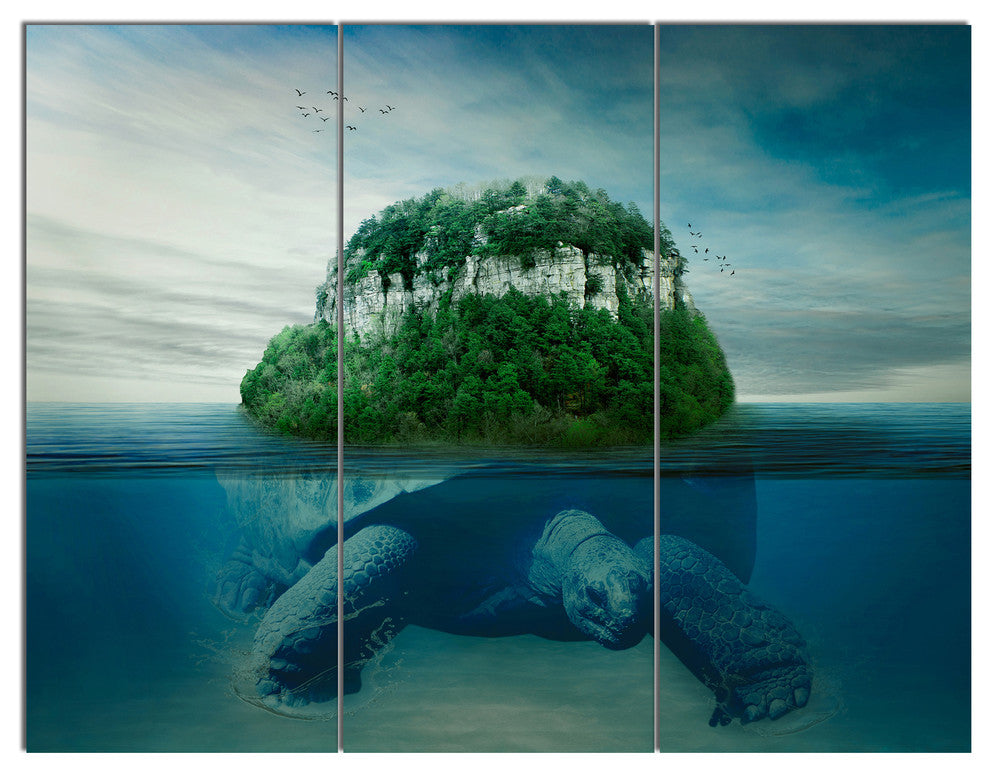 Giant Turtle Carrying Island, Abstract Triptych Canvas Art, 36x28, 3 Panels