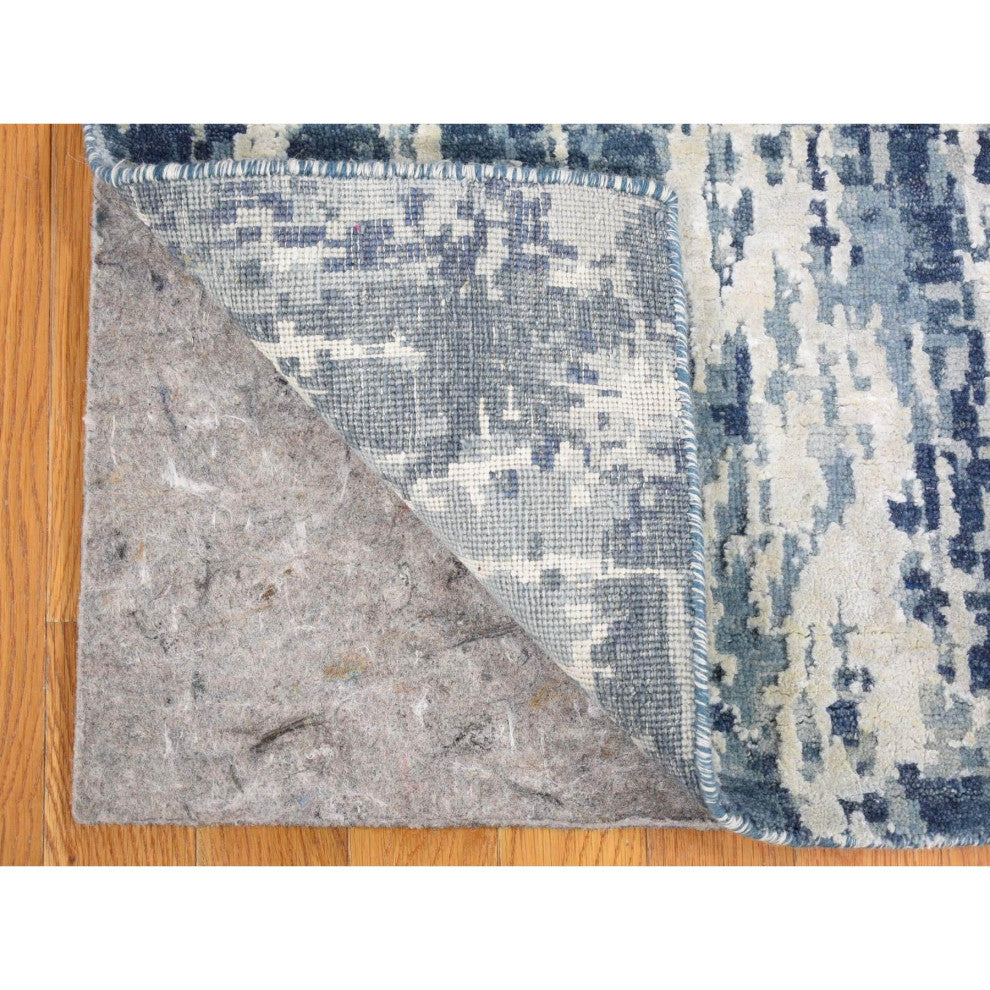 Hand Knotted Denim Blue Abstract Design Wool and Real Silk Runner Rug 3'8"x17'2"
