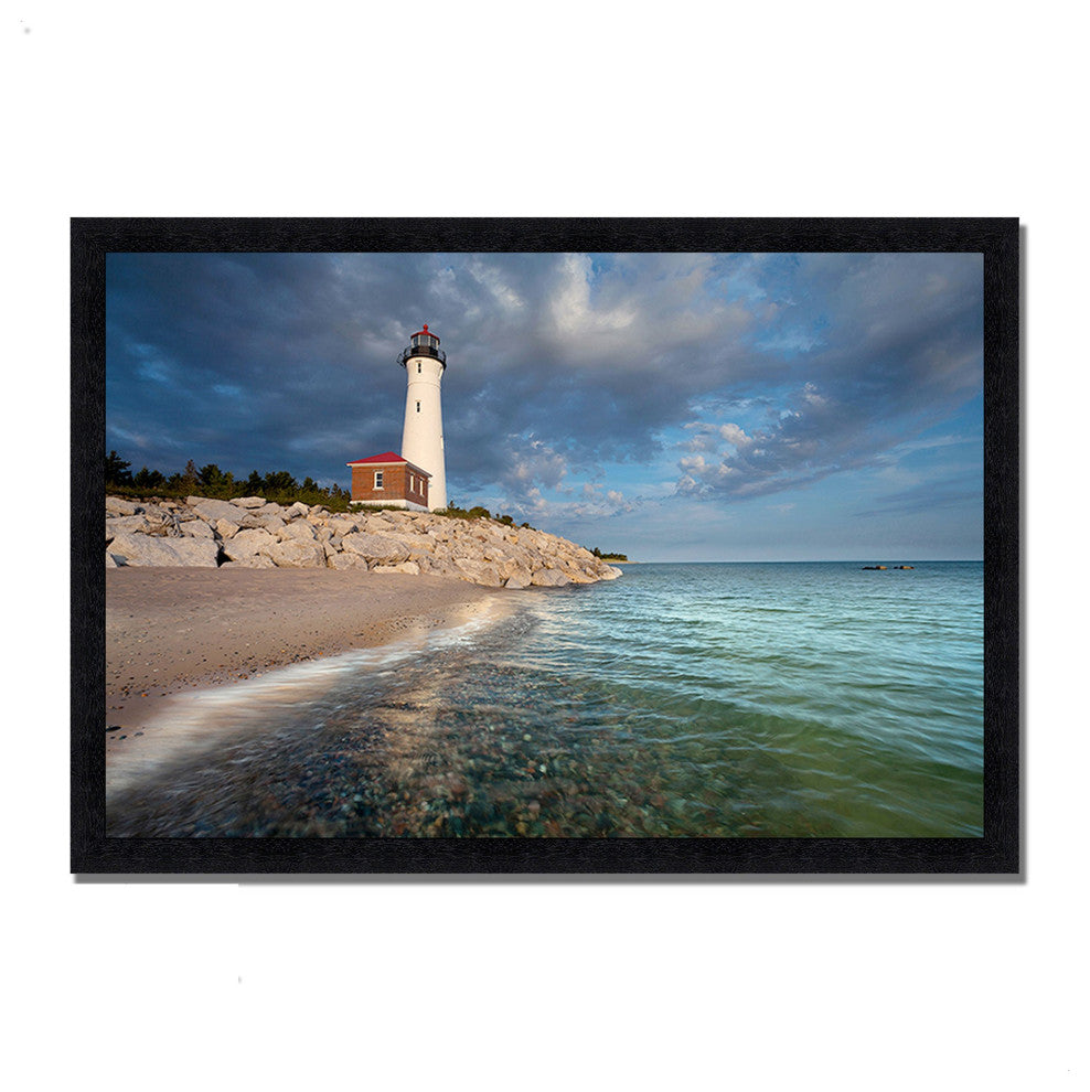 33" White Light House With Ocean 1 Framed Wall Art