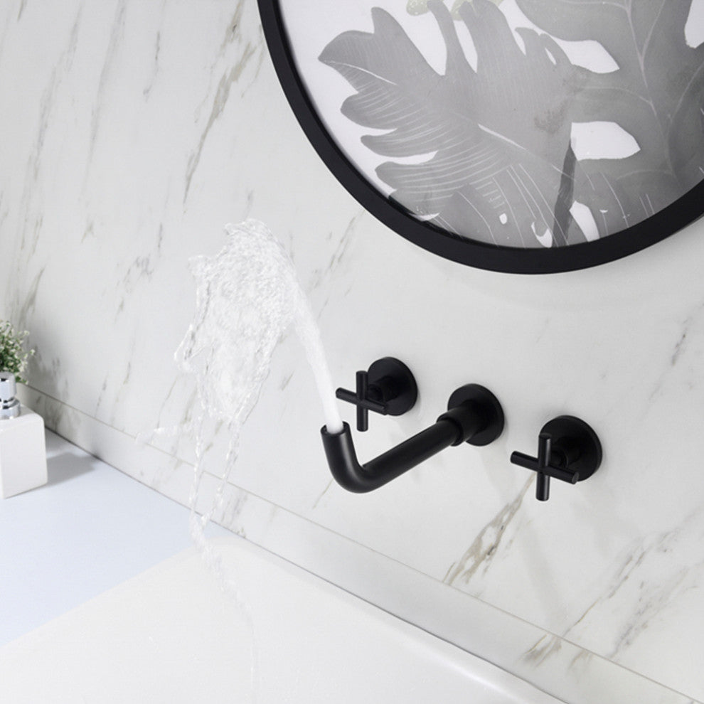 Two Handle Wall Mount Bathroom Sink Faucet with Rough-in Valve, Matte Black