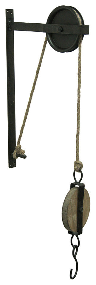 Rustic Vintage Style Metal and Wood Pulley and Hook Wall Hanging