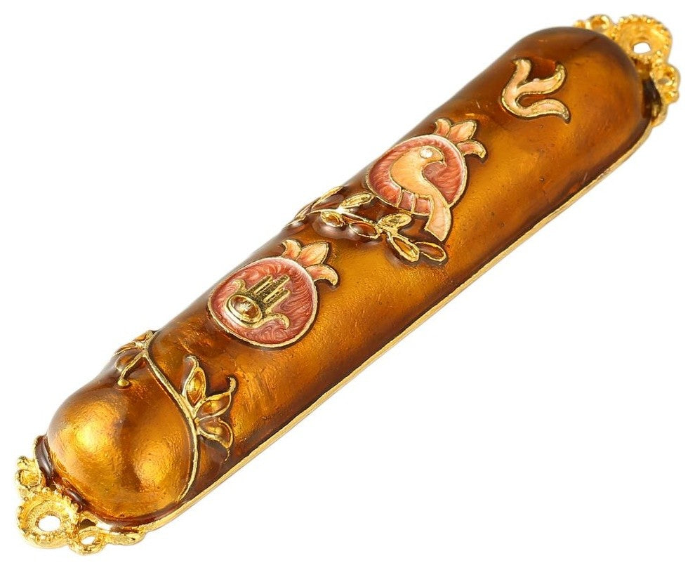 Hand Painted Enamel Mezuzah Embellished With a Dove and Hamsa Design With Gold A