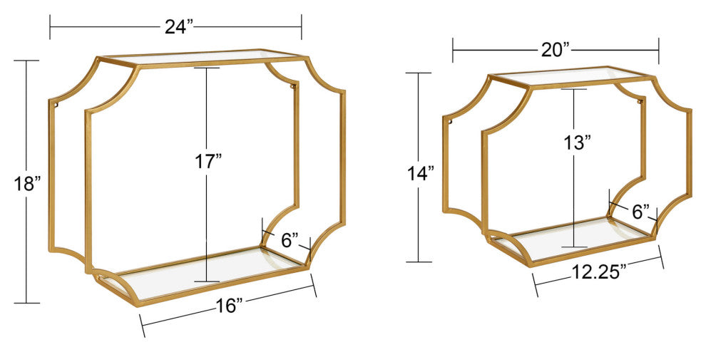 Ciel Modern Glam Metal Wall Shelf Set, Gold 2 Piece