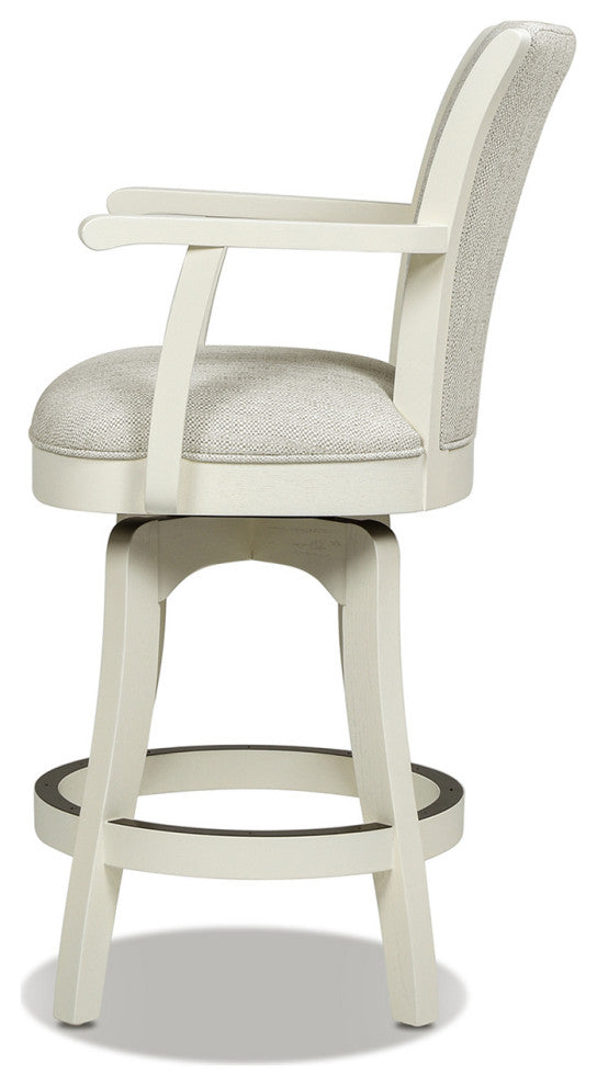 Williams Swivel Bar and Counter Stool With Armrests, White Pepper Stain Resistant Polyester & White Oak Wood, Counter Height