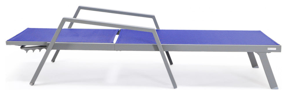LeisureMod Marlin Chaise Lounge Chair With Arms and Fire Pit Table, Navy Blue