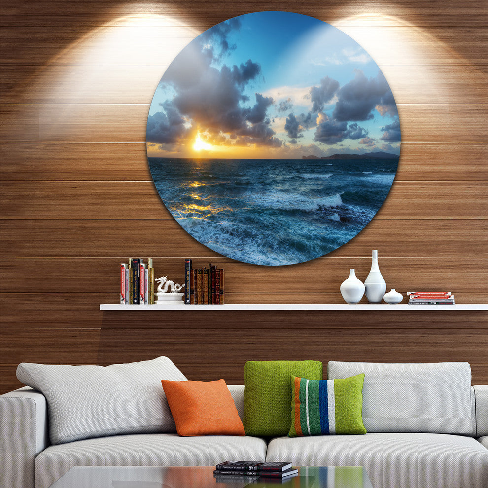 Sunset At Alghero Under Dramatic Sky, Seashore Round Metal Artwork, 36"
