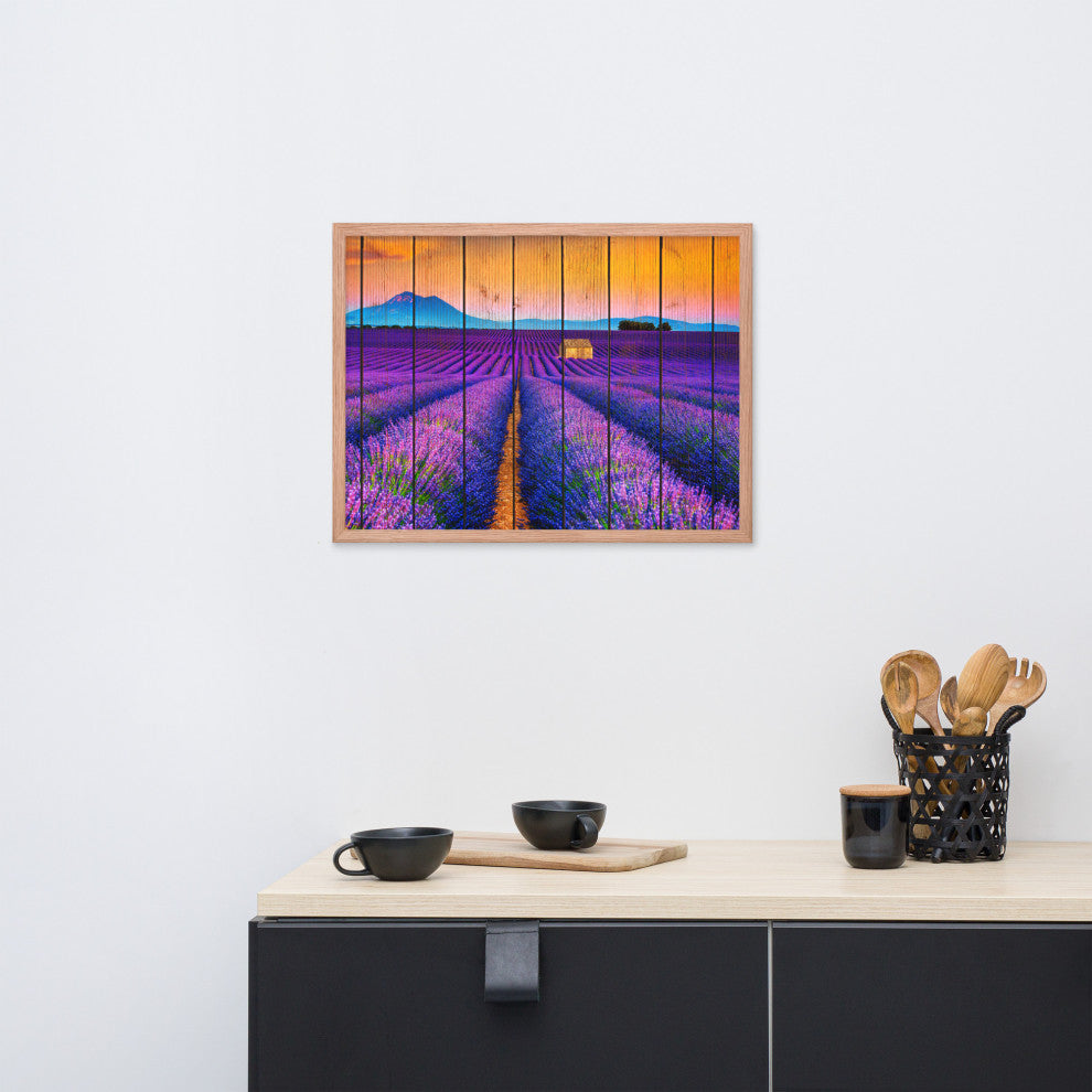 Faux Wood Lavender Fields and Sunset Landscape Framed Photo Paper Wall Art Print, Red Oak, 18" X 24"