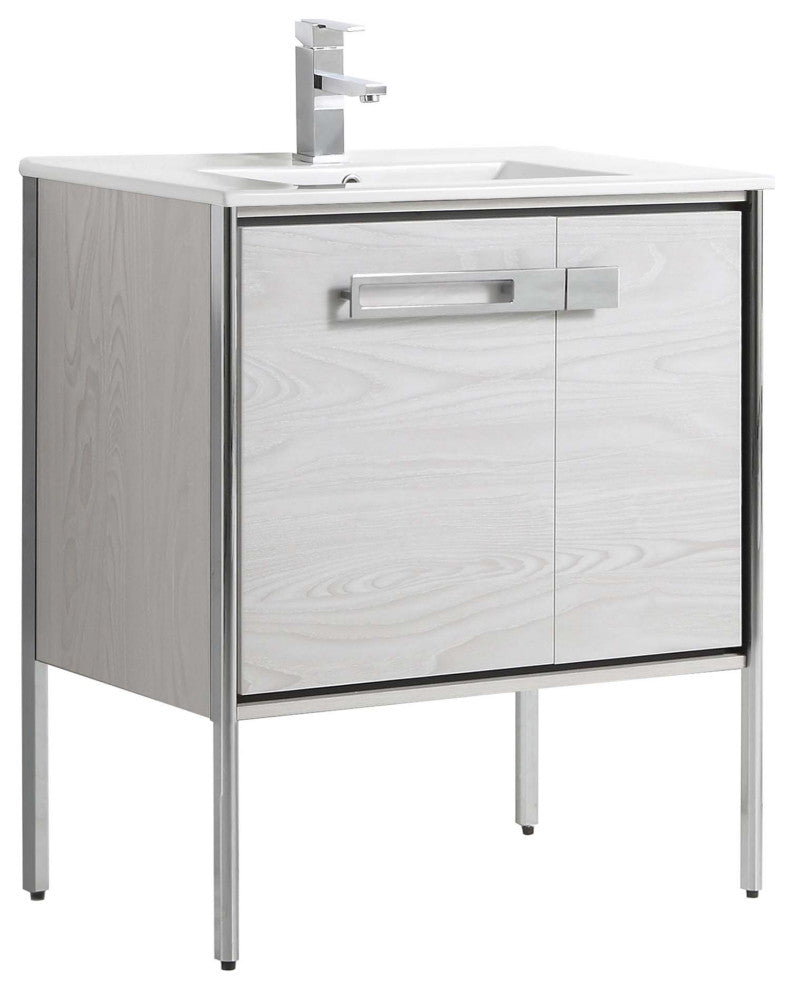 Oakville Bath Vanity, Ceramic Sink, Mild Grey Oak, 30 Inch, Chrome Hardware