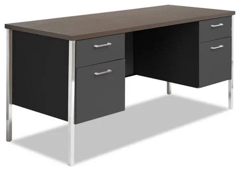 Classic Executive Desk, Chrome Legs & Large Top With Side Drawers, Walnut/Black