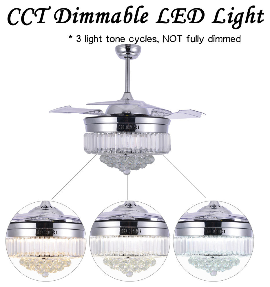 Unique Caged Ceiling Fan with Remote, LED light, Retractable Blades, Chrome