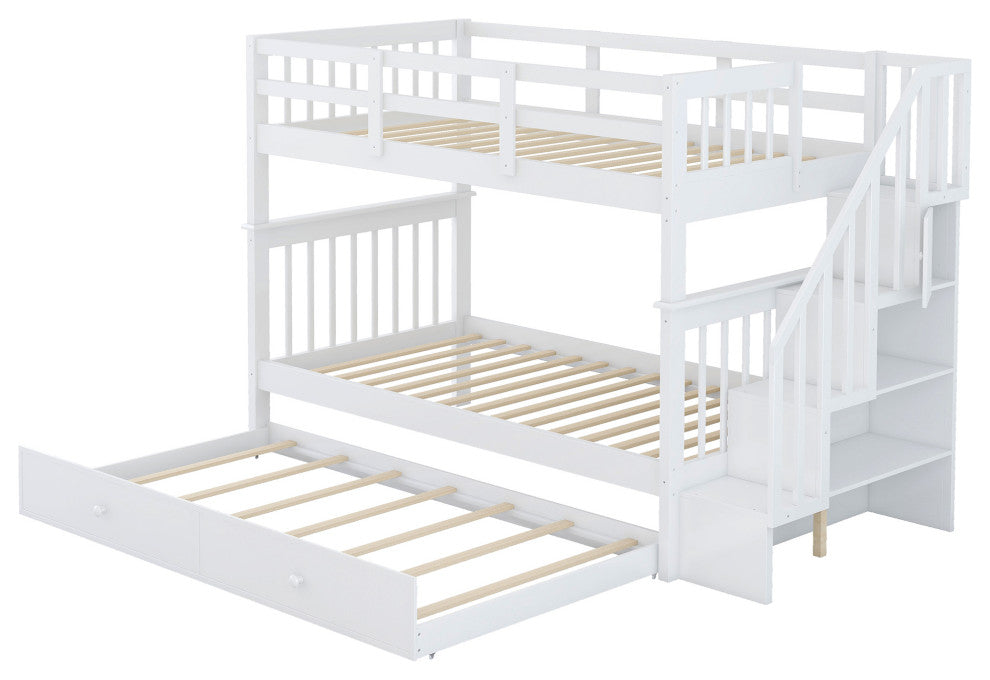 Gewnee Wood Twin-Over-Twin Bunk Bed with Trundle and Stairway in White