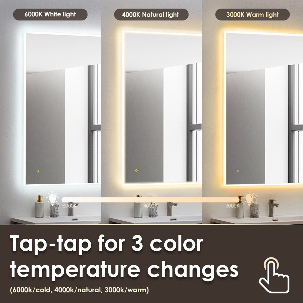 Aurora Framelesss Anti-Fog Dimmable LED Lighted Wall Mirror, No Frame, 36"