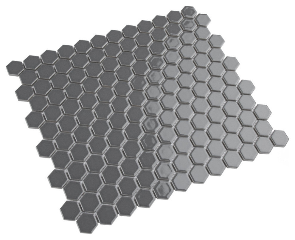 Metro 1" Hex Glossy Grey Porcelain Floor and Wall Tile