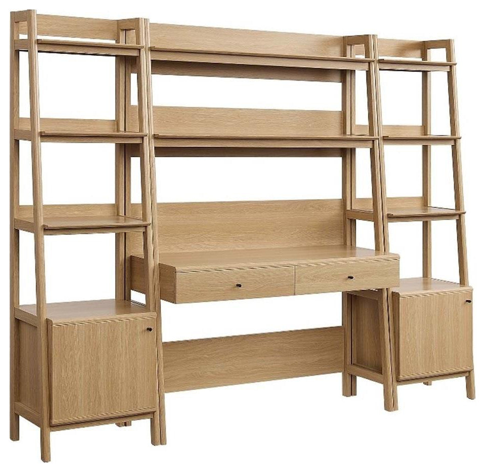 Modway Bixby 3-Piece Modern Style Wood Office Desk and Bookshelf - Oak