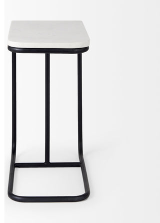 Kyra 12Lx20Wx23H White Marble Top With Black Iron Frame C-Shaped Side Table