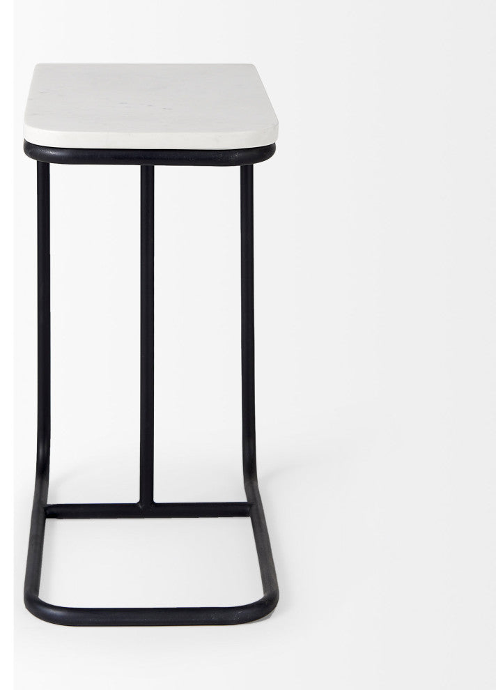Kyra 12Lx20Wx23H White Marble Top With Black Iron Frame C-Shaped Side Table