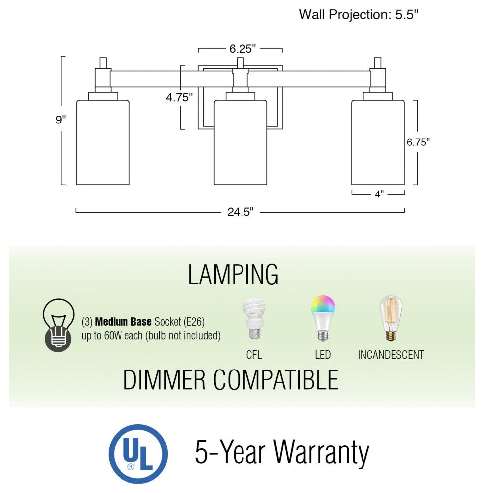 Kira Home Theo 25" Farmhouse Bathroom Light, Cylinder Glass Shades, White Ash