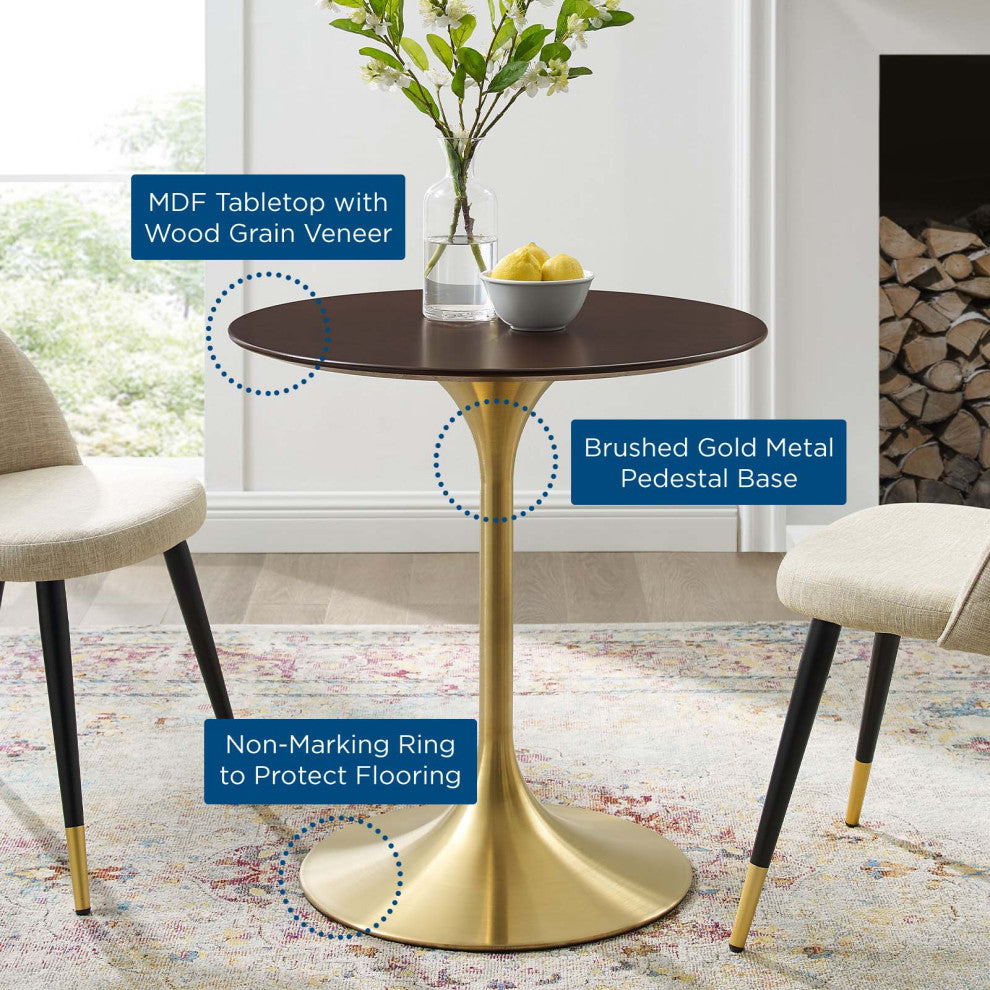 Dining Table, Round, Wood, Gold Dark Brown Brown Walnut, Cafe Bistro Restaurant