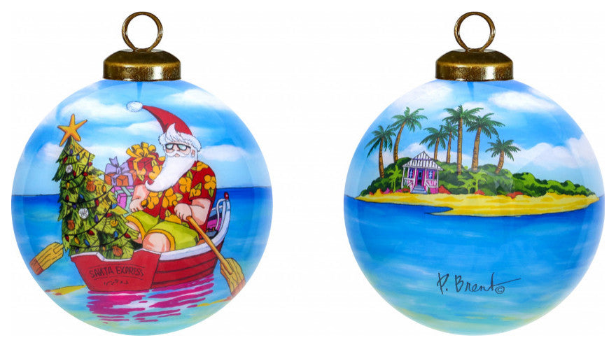 Rowing Santa Express Hand Painted Mouth Blown Glass Ornament