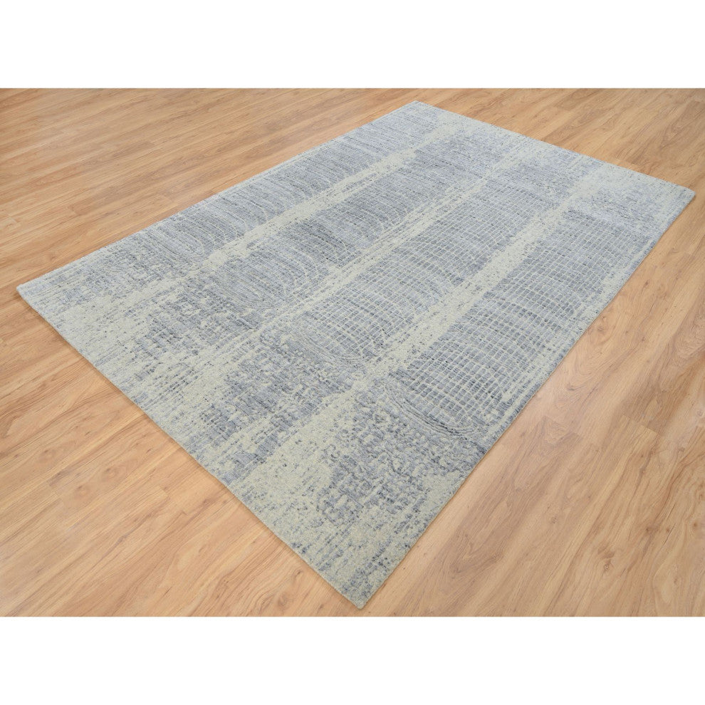 Gray, Jacquard Hand Loomed, Wool and Plant Based Silk, Rug, 6'0" x 9'0"
