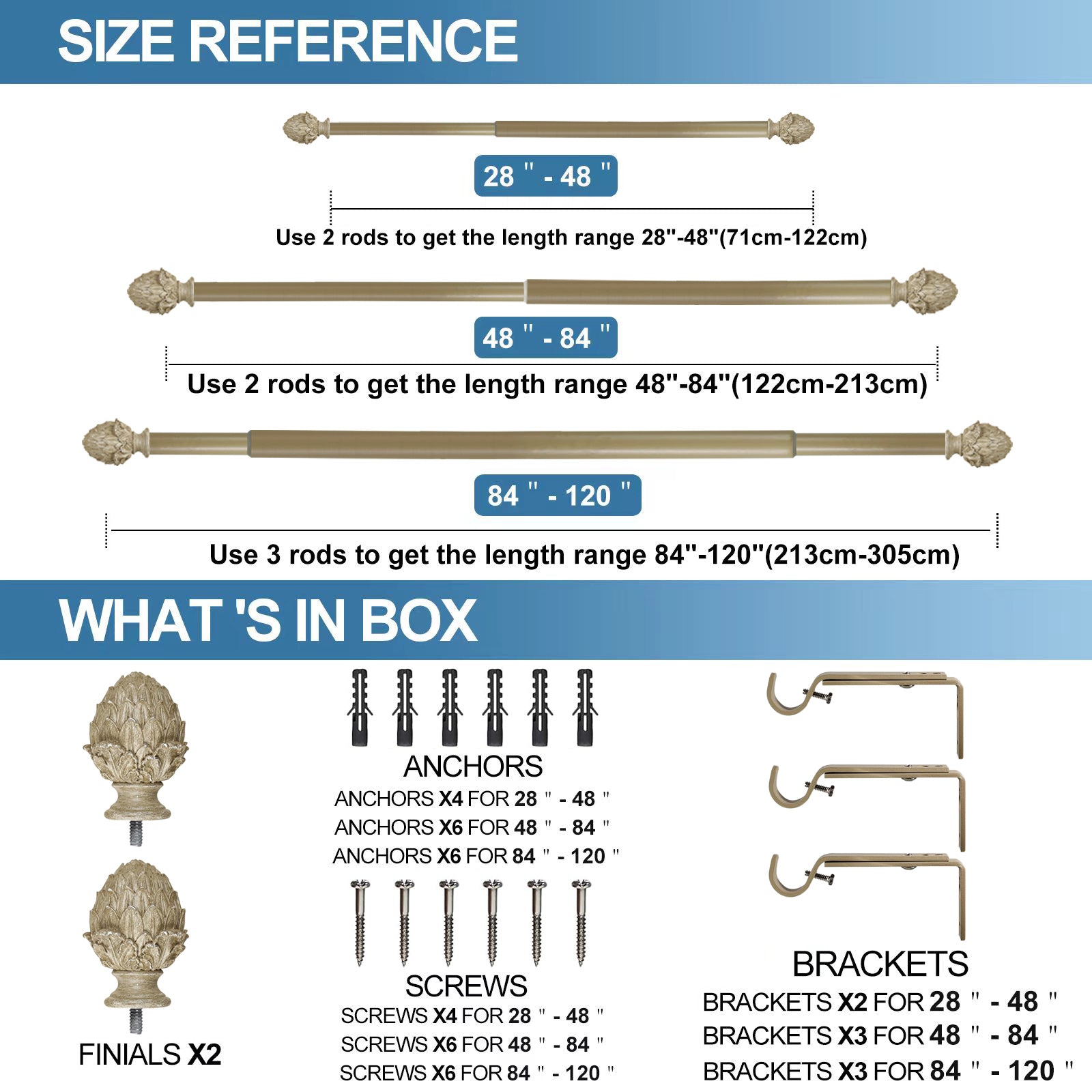 1" Diameter Artichoke Curtain Rod, 48"-84", Cottage