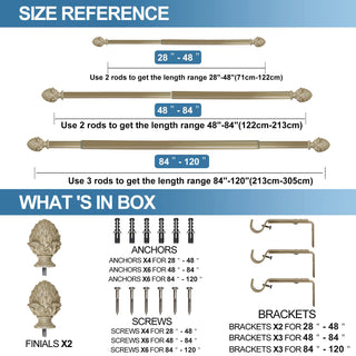 1" Diameter Artichoke Curtain Rod, 48"-84", Cottage