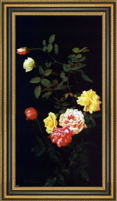 George Cochran Lambdin Still Life of Roses Framed Premium Canvas Print, 15"x30"