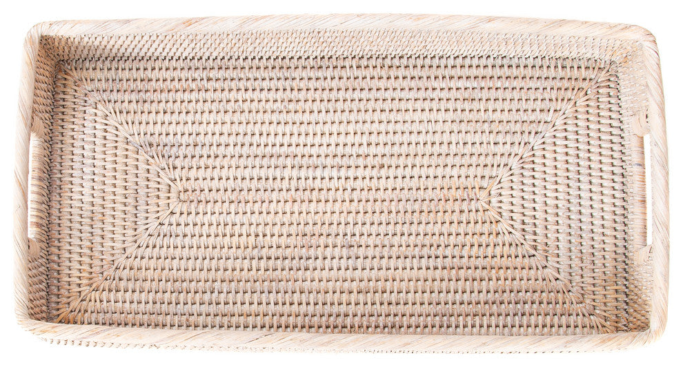 Artifacts Rattan Rectangular Tray With Rounded Corners, White Wash