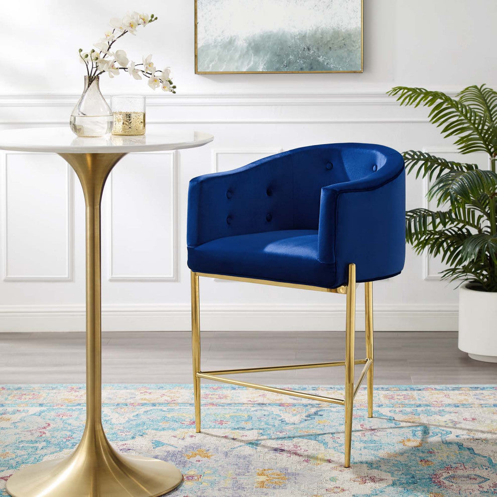 Tufted Counter Stool Chair, Velvet, Metal, Blue Navy, Modern, Bar Pub Bistro
