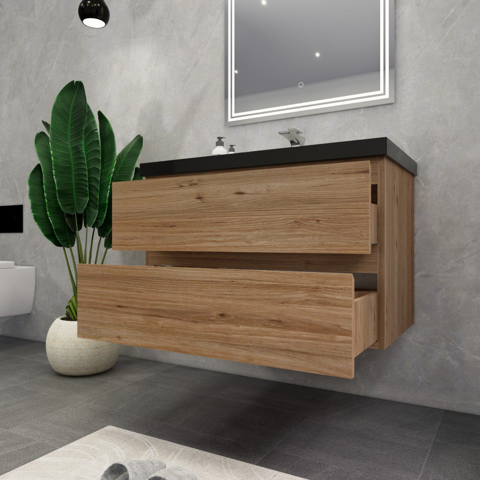 Belli 36" Wall Mounted Single Bathroom Vanity Set, Natural Oak, Matt Black Top