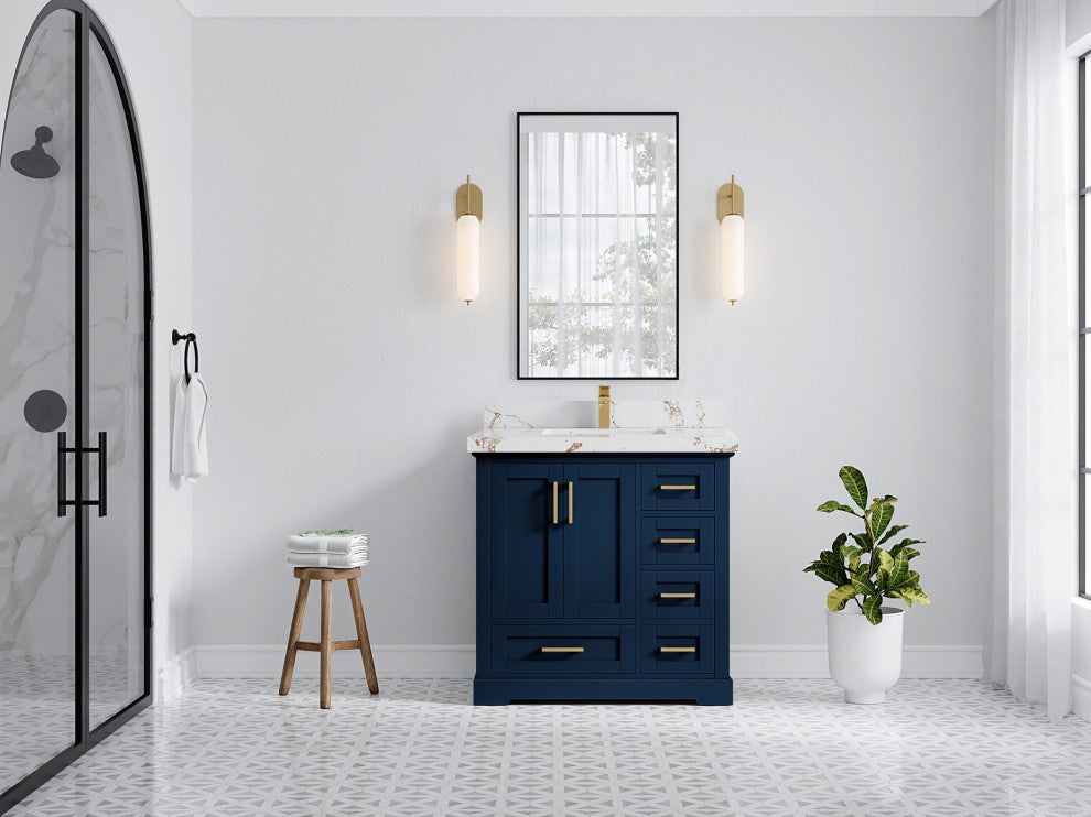 Boston 36" Center Sink Bath Vanity in Navy Blue 2" Viola Gold