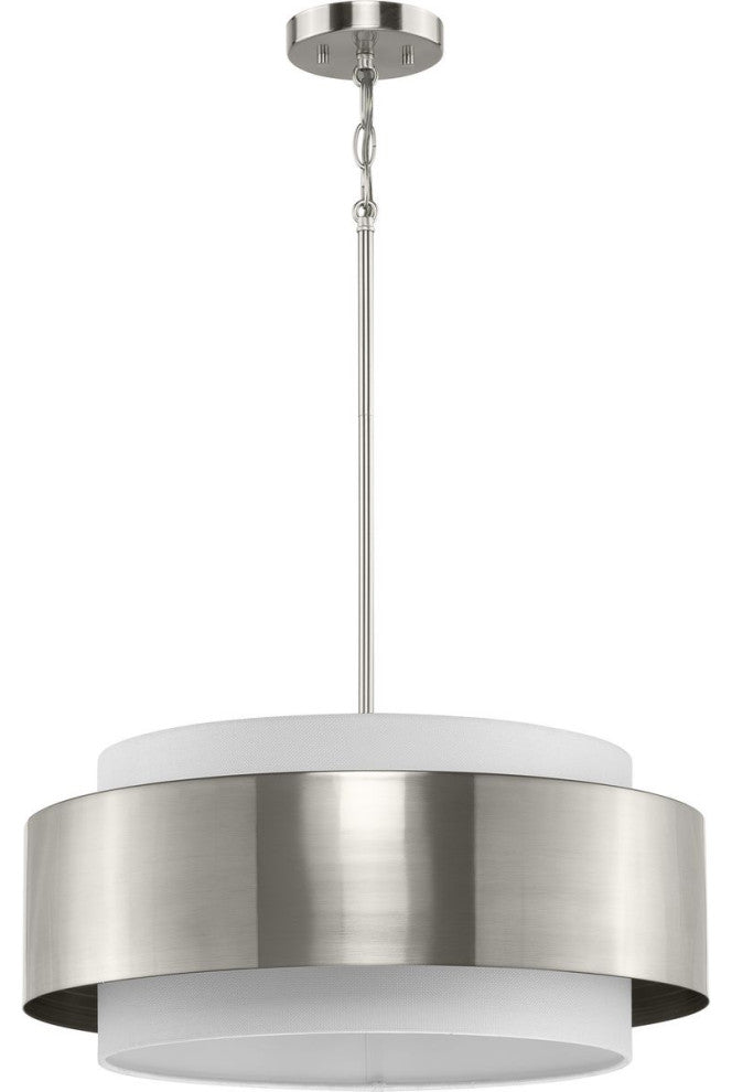 Silva Collection Three-Light Brushed Nickel White Linen Shade Pendant