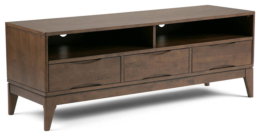 Mid Century TV Stand, Rubberwood Frame With Drawers & Shelves, Dark Walnut Brown