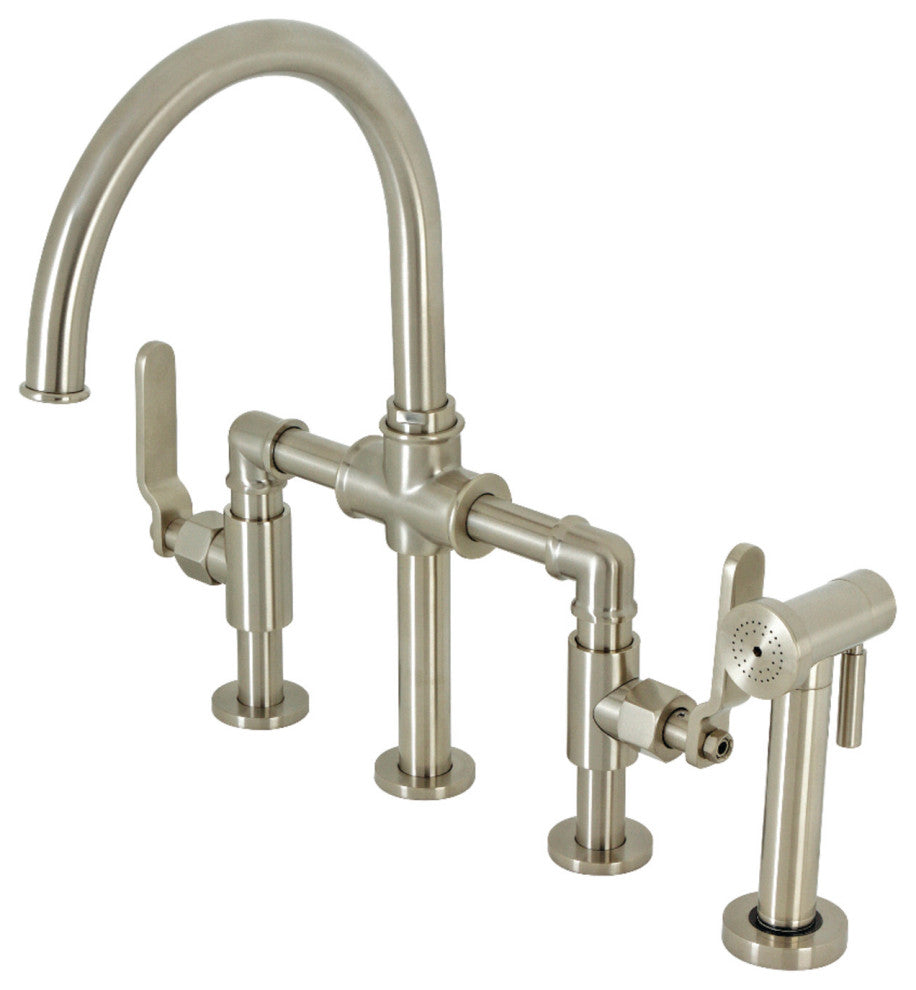 Industrial Style Bridge Kitchen Faucet and Brass Sprayer, Brushed Nickel