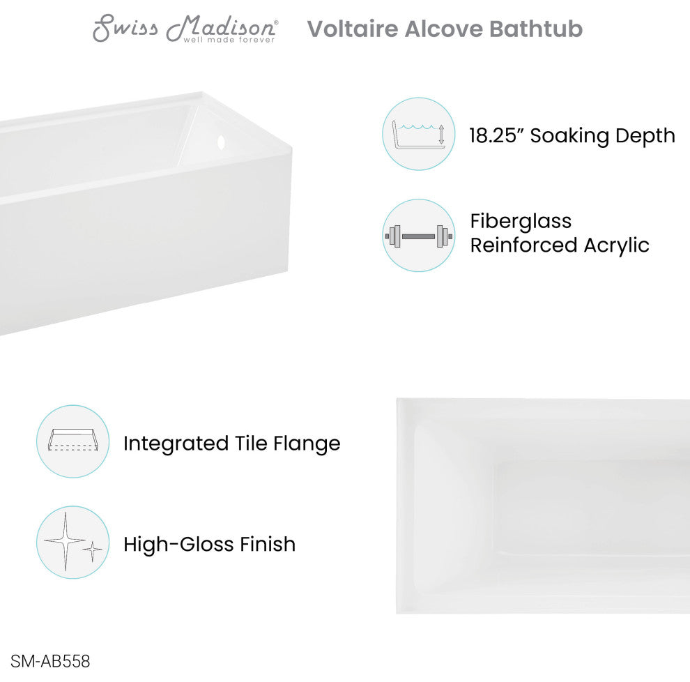 Voltaire 54"x30" Alcove Bathtub With Apron, Right Drain