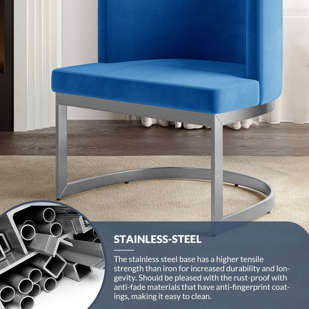 Velvet Dining Chair w/ Chrome Stainless Steel Base - Blue